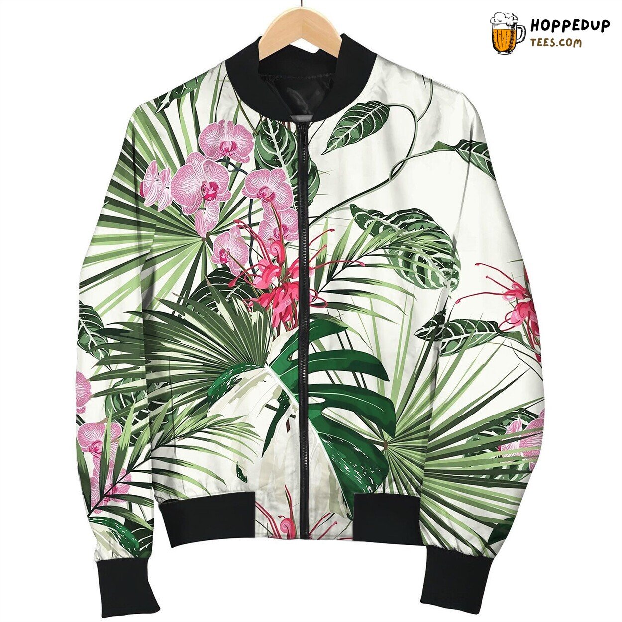 Tropical Orchid Protea Flowers Seamless Pattern Bomber Jacket