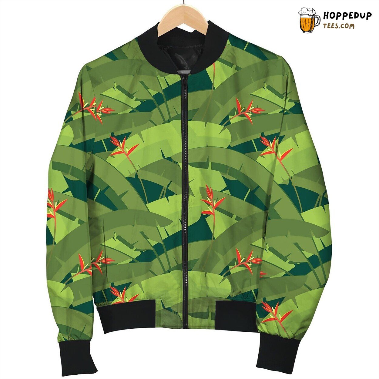 Tropical Palm Leaves With Red Heliconia Flowers Bomber Jacket