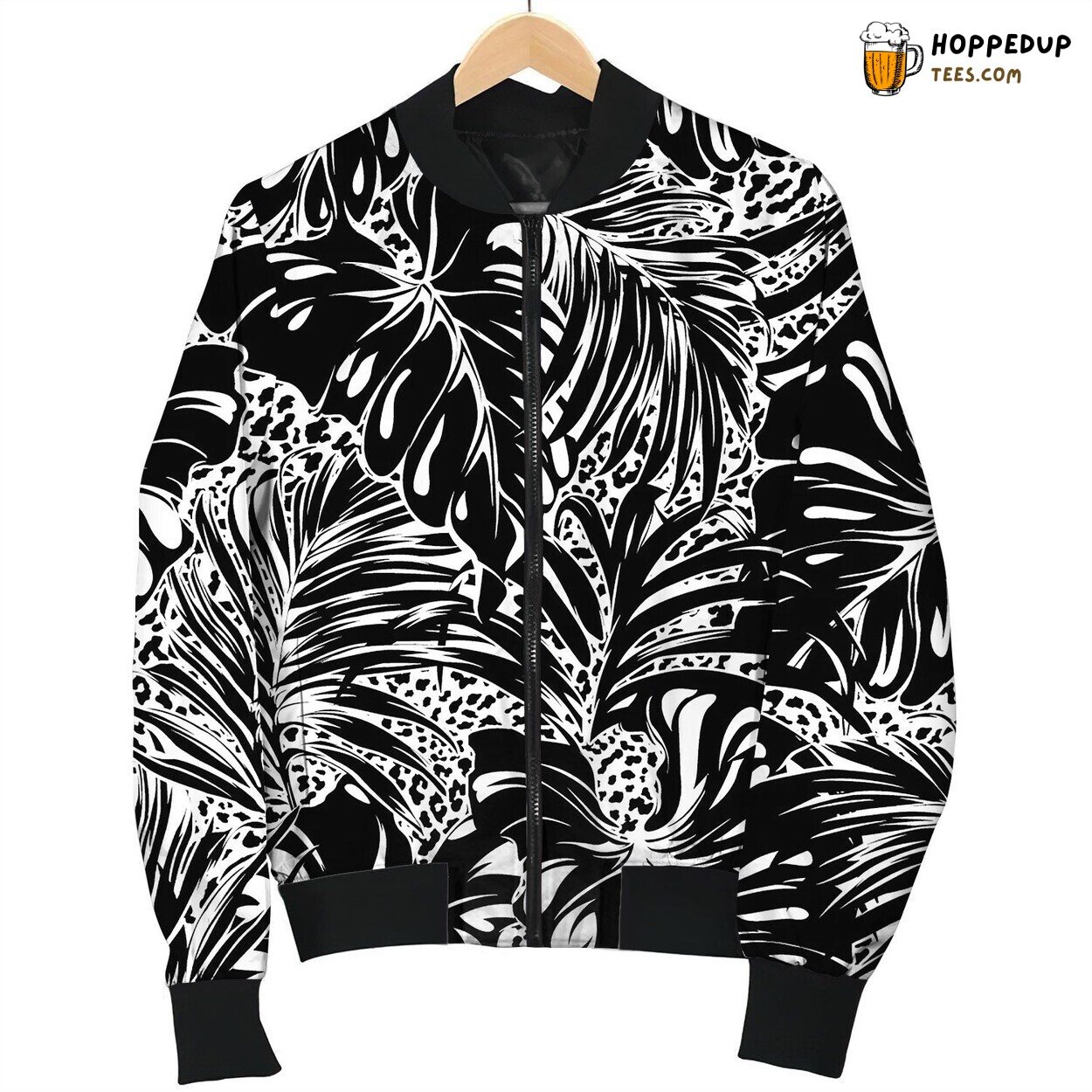 Tropical Palm Monstera Leaves With Leopard Skin Bomber Jacket