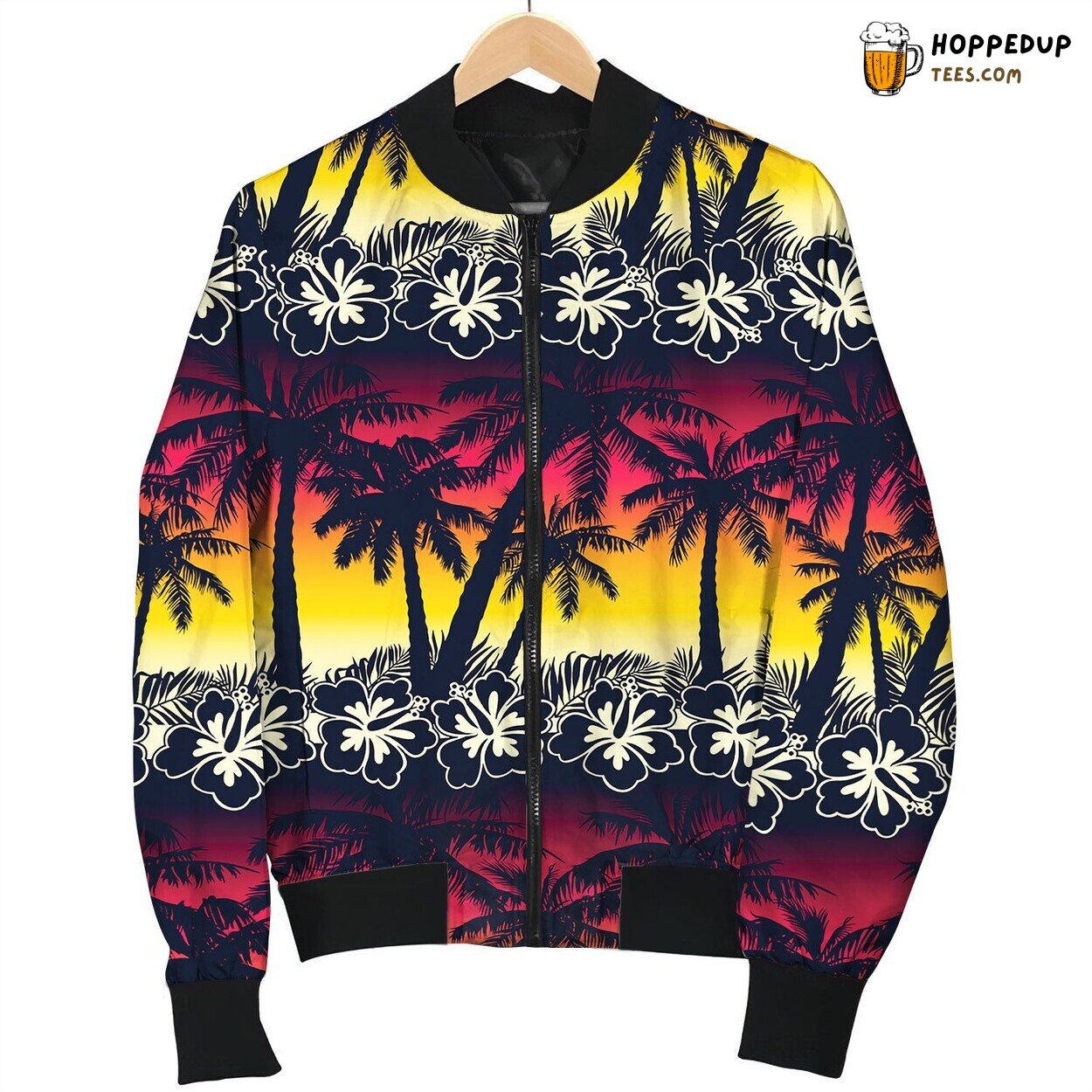 Tropical Palm Tree At Sunset With Hibiscus Flowers Bomber Jacket