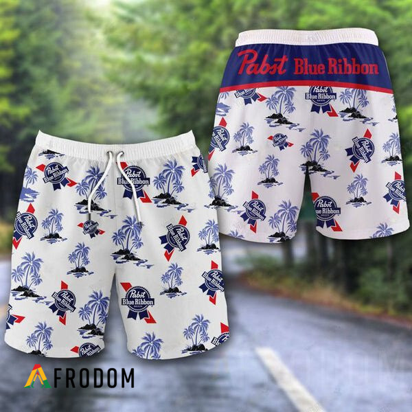 Tropical Palms Pabst Blue Ribbon Hawaii Shorts PBR Swim Trunks HU Tropical Palms Pabst Blue Ribbon Hawaii Shorts PBR Swim Trunks HU