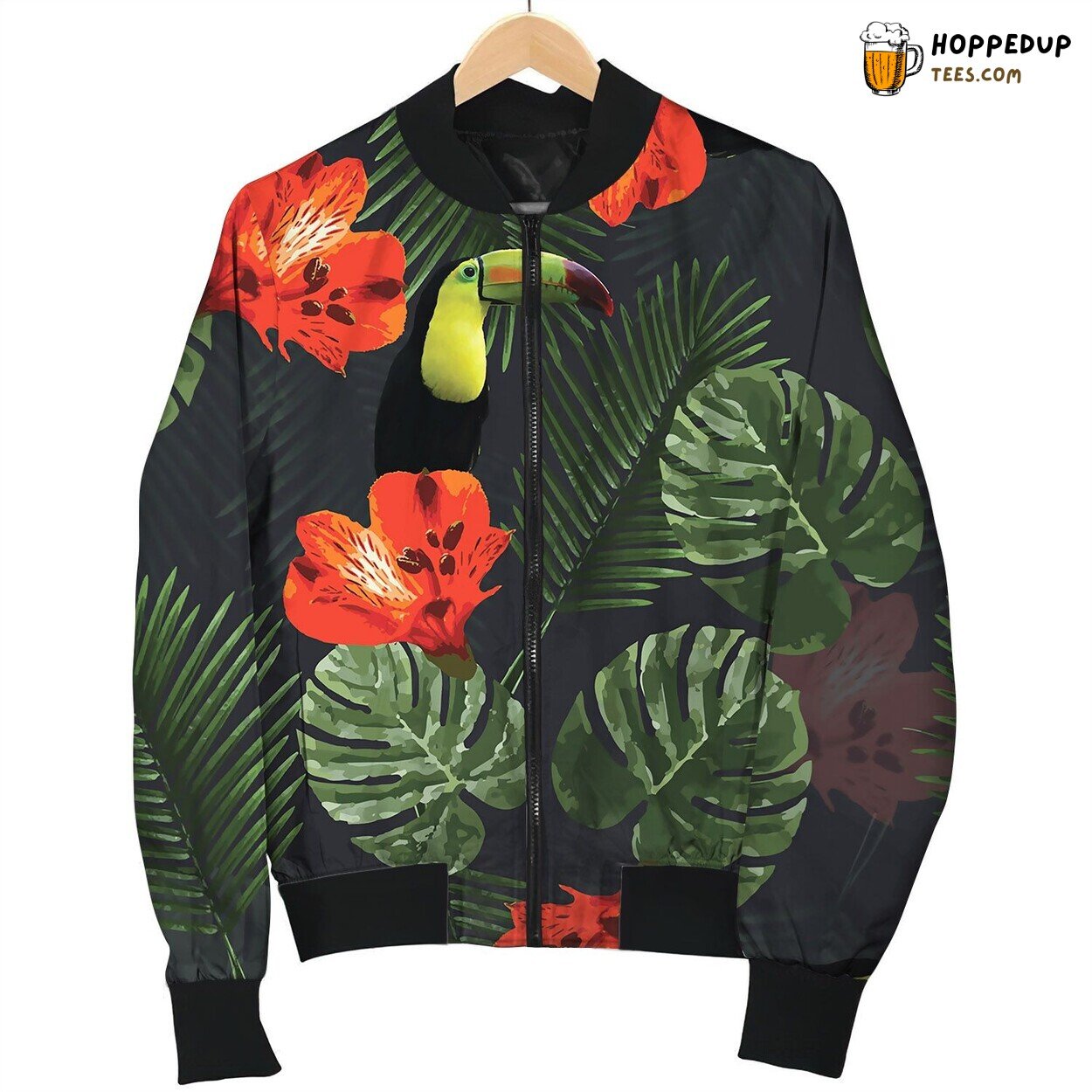 Tropical Pattern Parrot Bomber Jacket