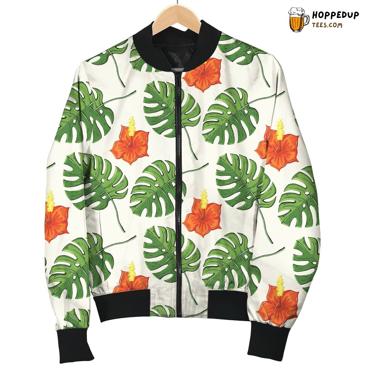 Tropical Pattern With Monstera Leaves And Gibiscus Bomber Jacket