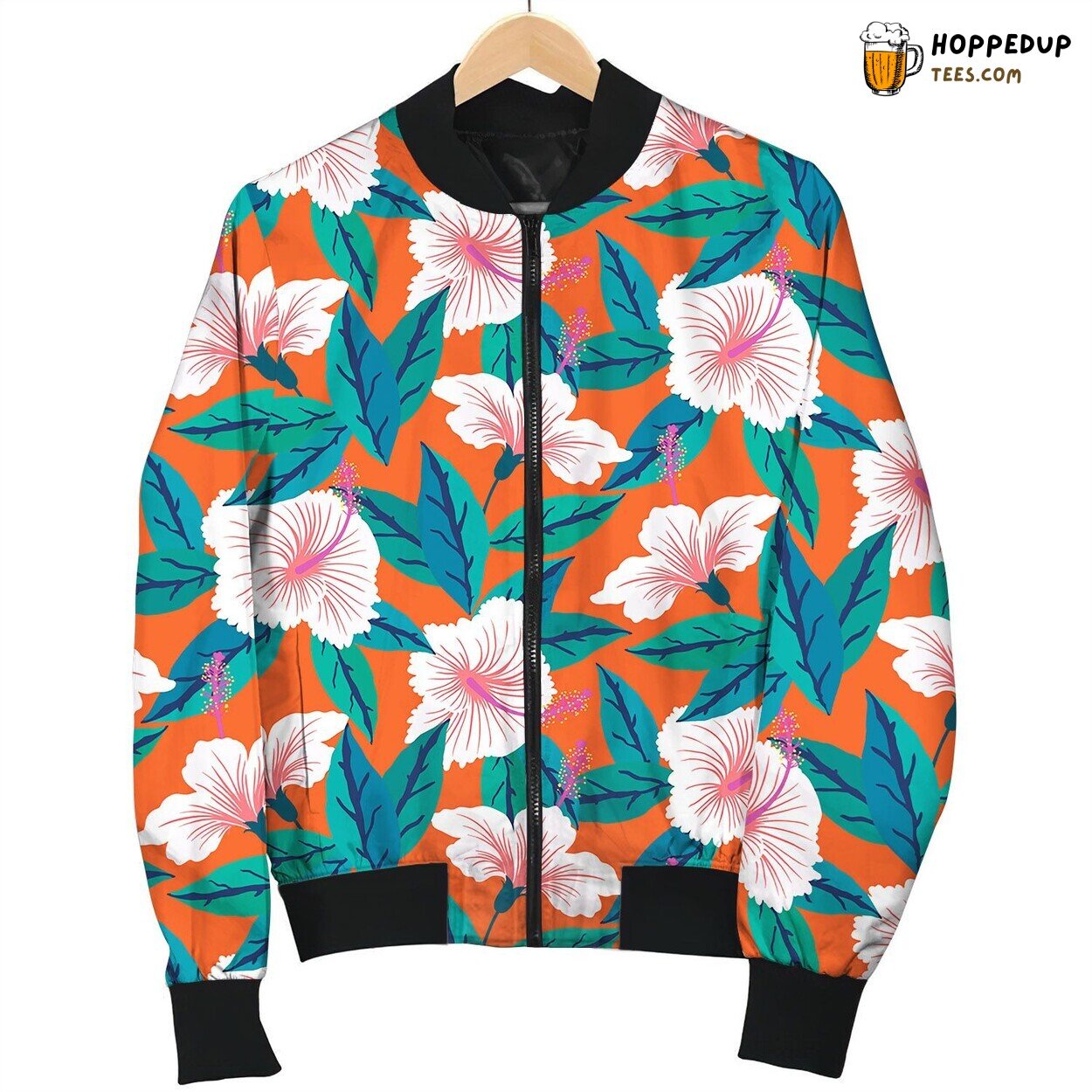 Tropical Pattern With White Hibiscus Flowers Bomber Jacket