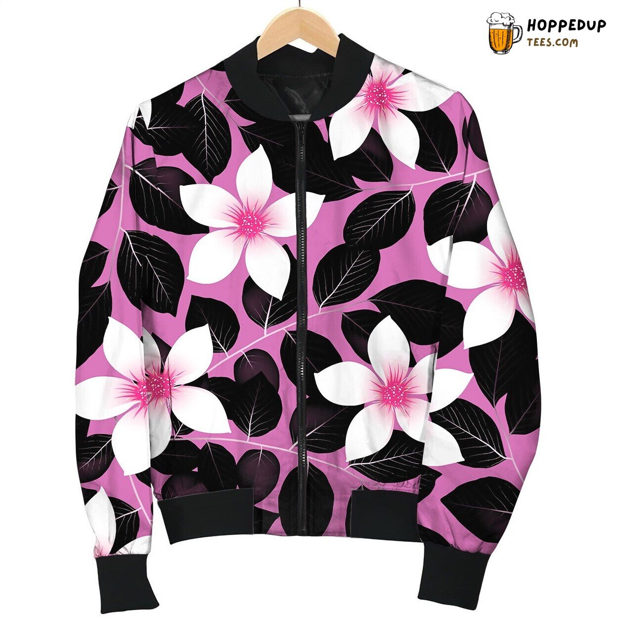 Tropical Pink Hibiscus Flowers With Black Leaves Bomber Jacket