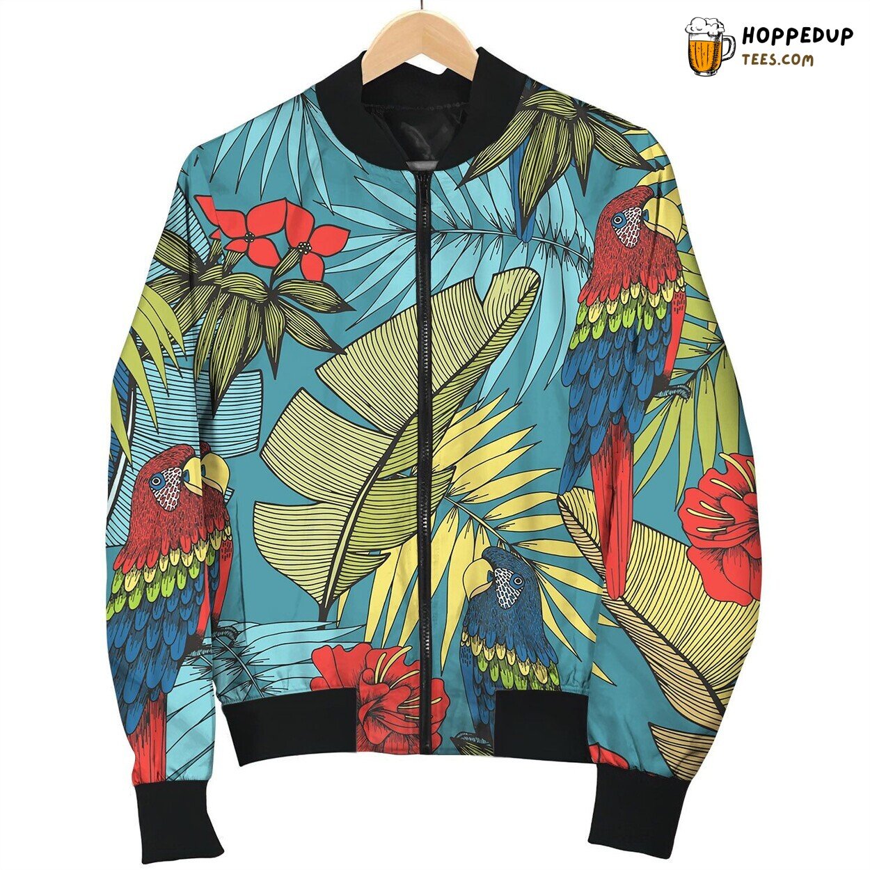 Tropical Plants And Parrots Seamless Pattern Bomber Jacket