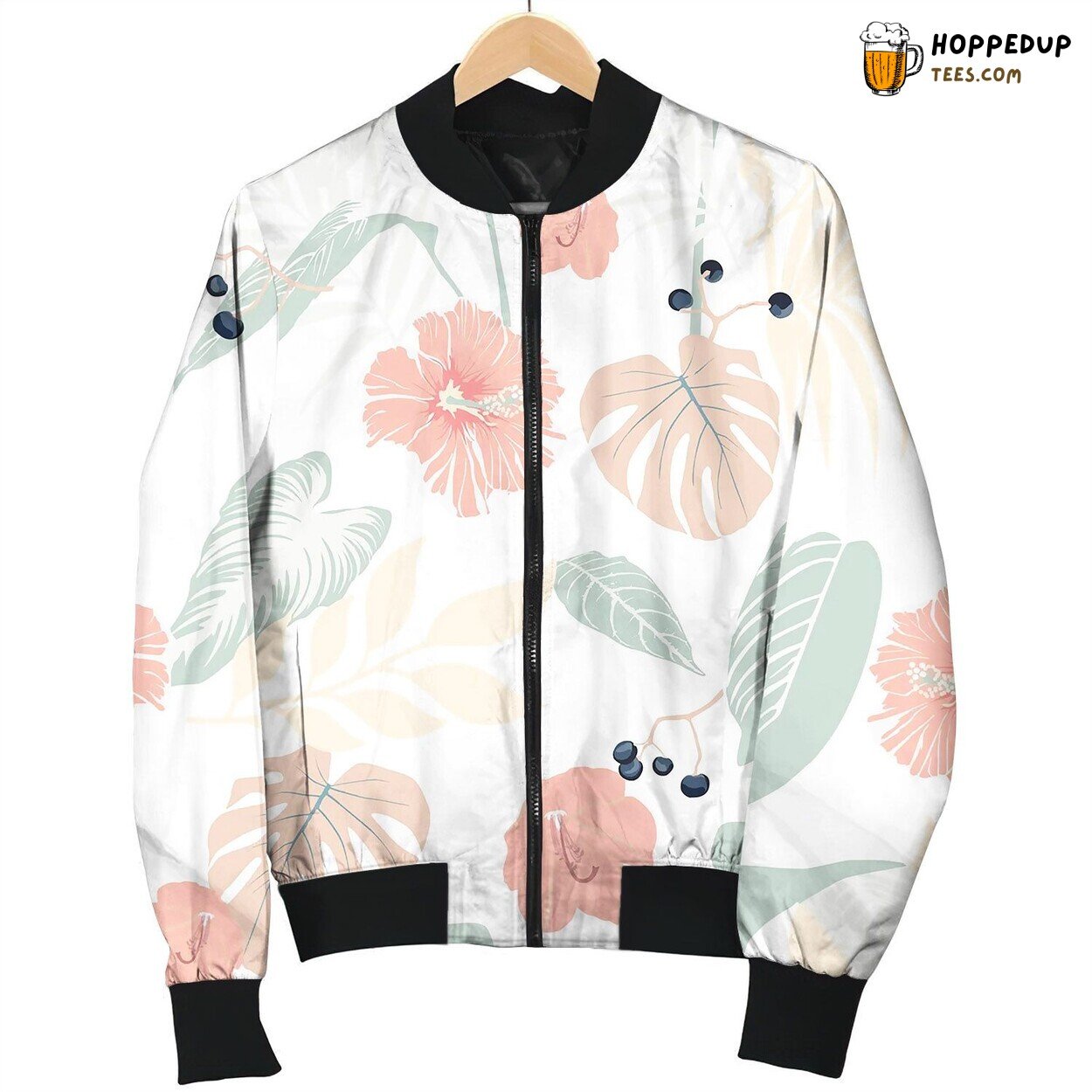 Tropical Plants And Pastel Hibiscus Bomber Jacket