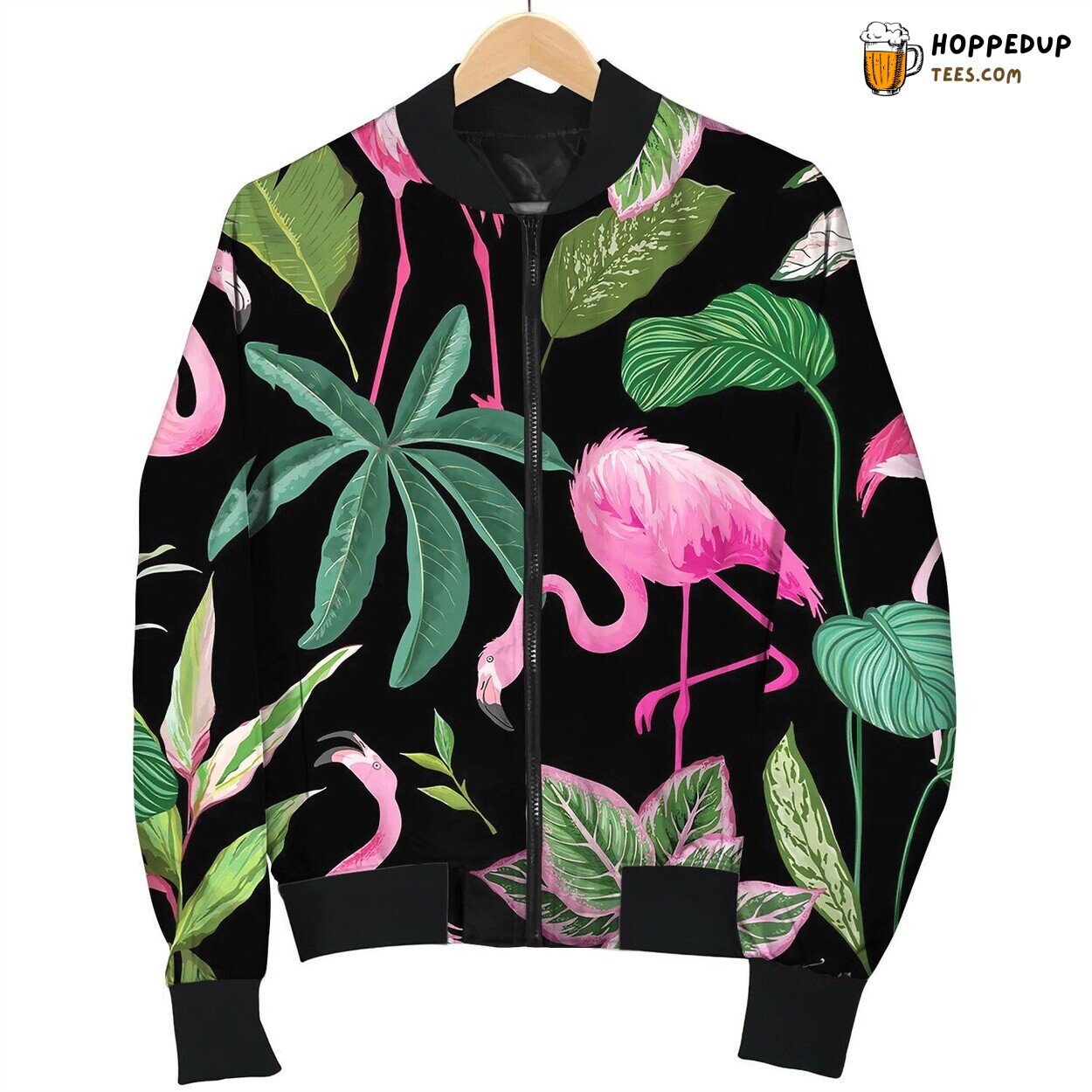Tropical Print With Pink Flamingo And Palm Leaves Bomber Jacket