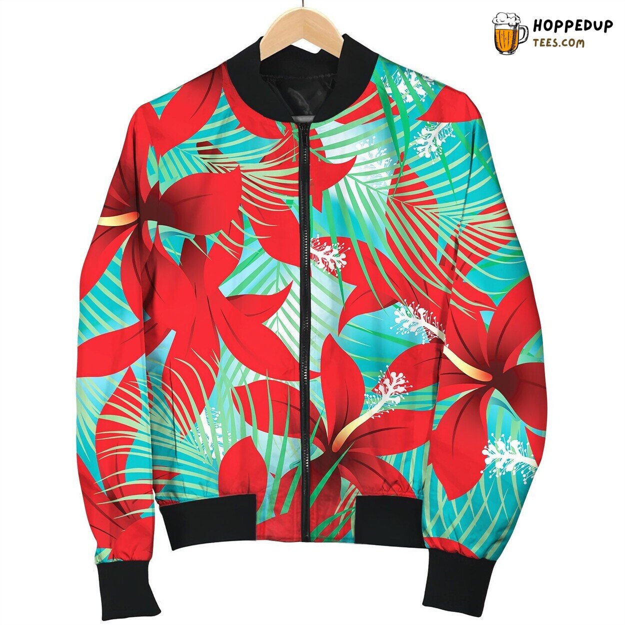 Tropical Red Frangipani Hibiscus With Palms Bomber Jacket