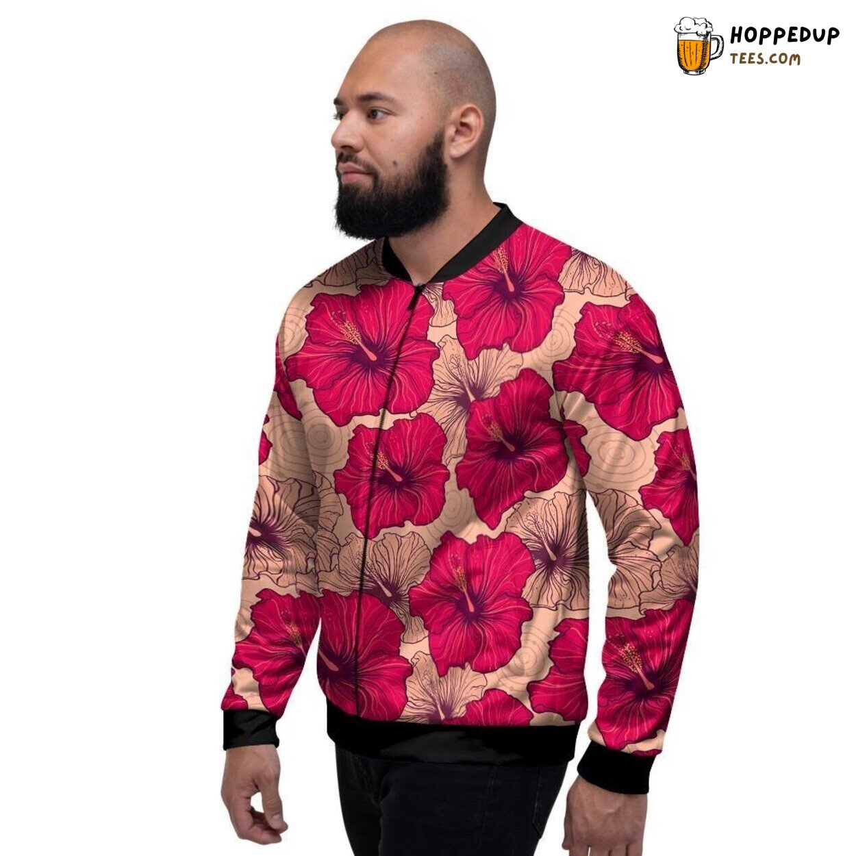 Tropical Red Hibiscus Flower Print Men’s Bomber Jacket Vibrant Floral Design