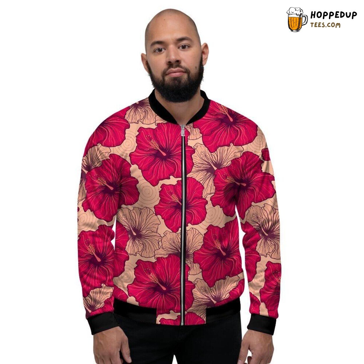 Tropical Red Hibiscus Flower Print Men’s Bomber Jacket Vibrant Floral Design