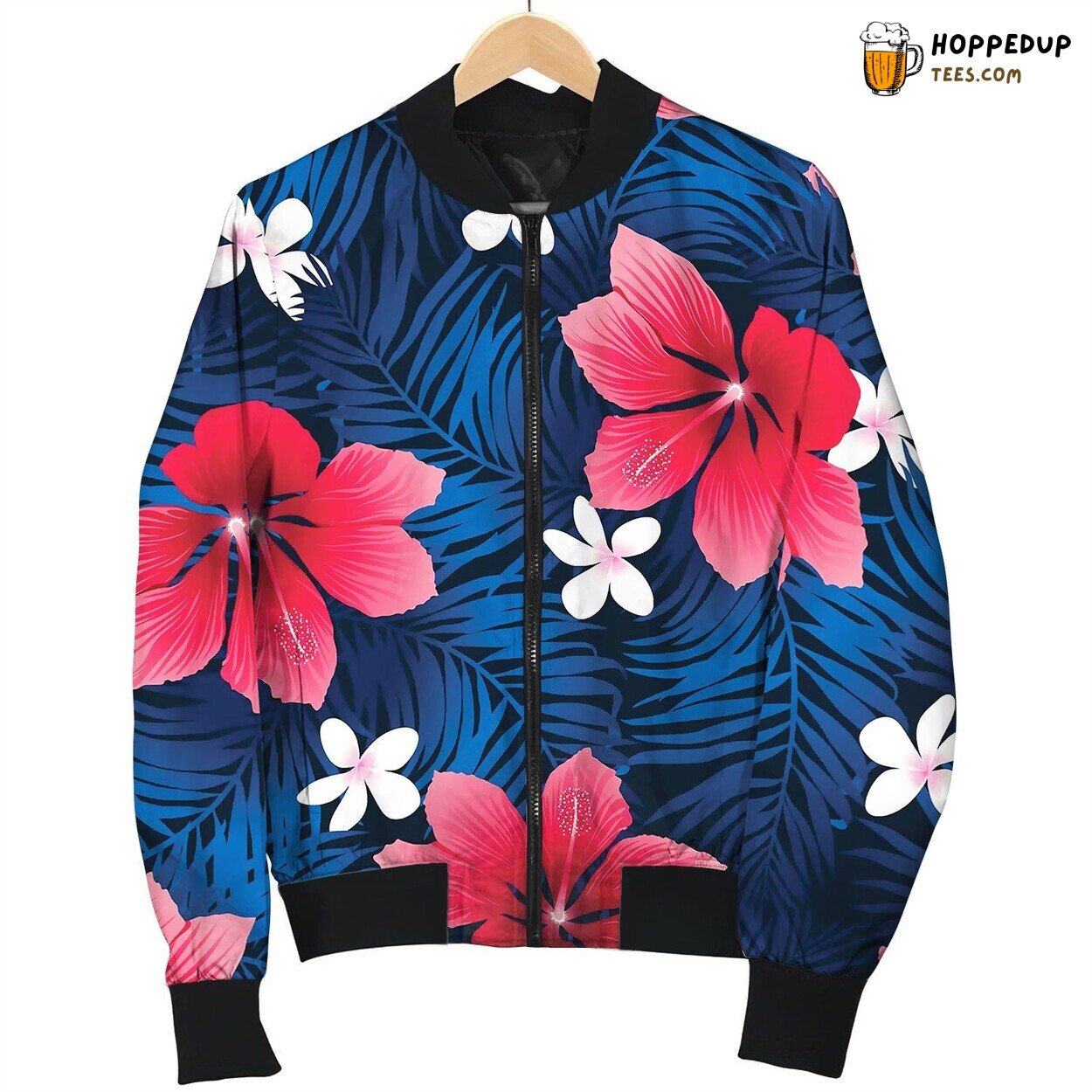 Tropical Red Hibiscus Flowers In A Seamless Bomber Jacket