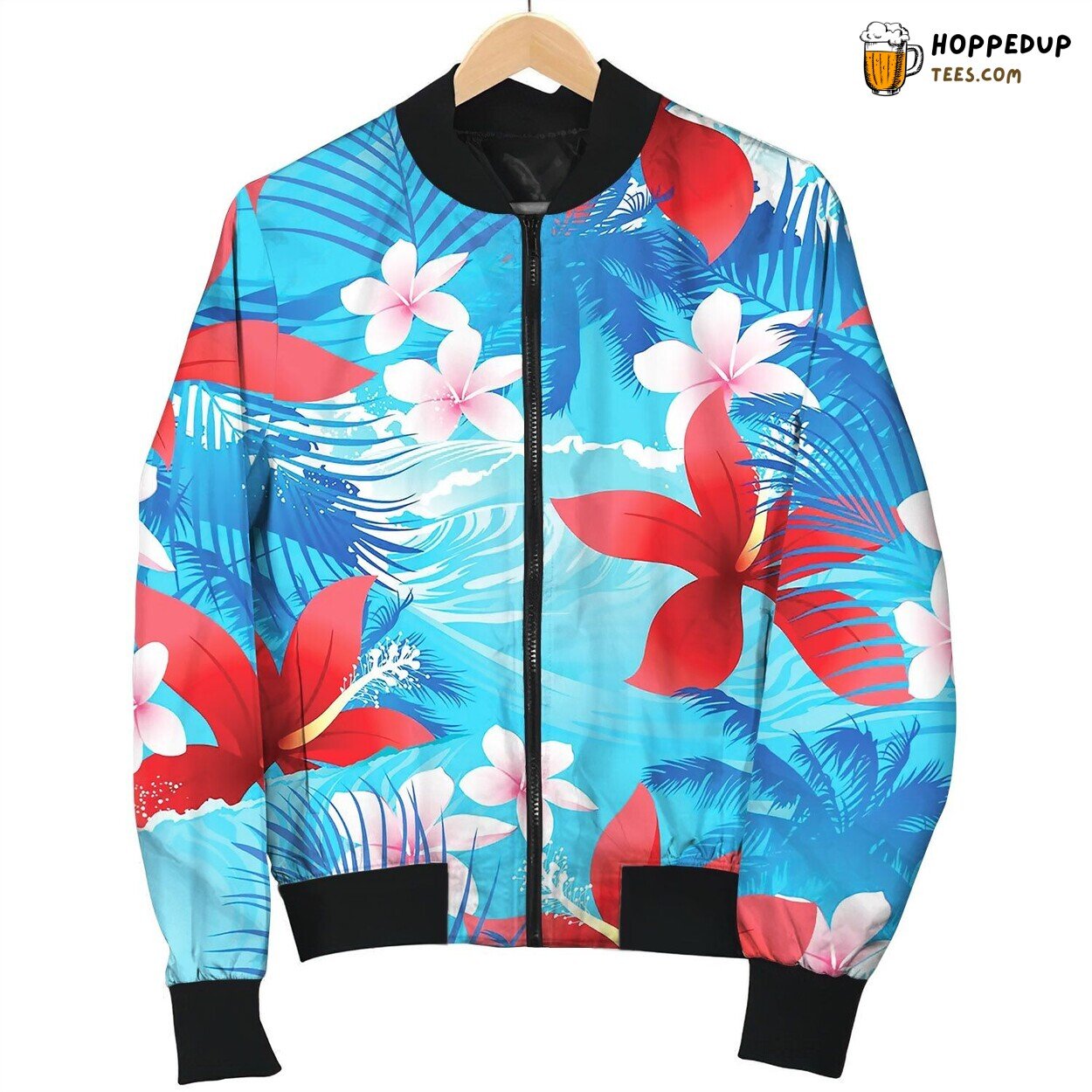 Tropical Red Hibiscus Flowers With Surfing Wave Bomber Jacket