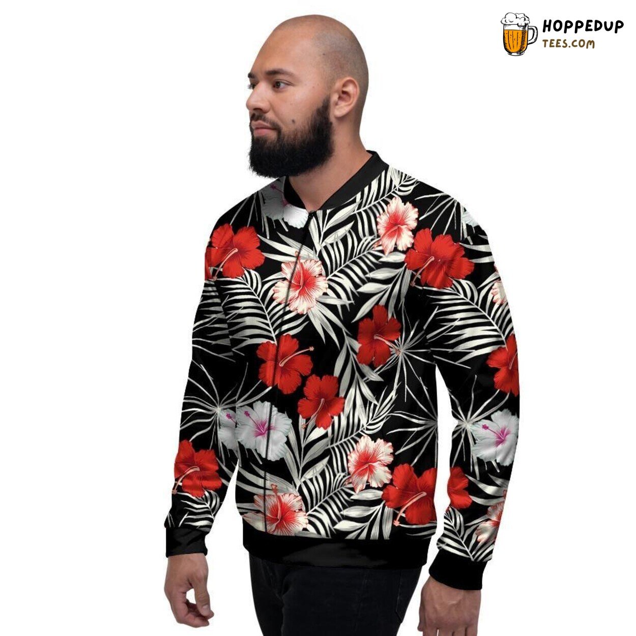 Tropical Red White Hibiscus Flowers Design Men’s Bomber Jacket Hawaiian Print