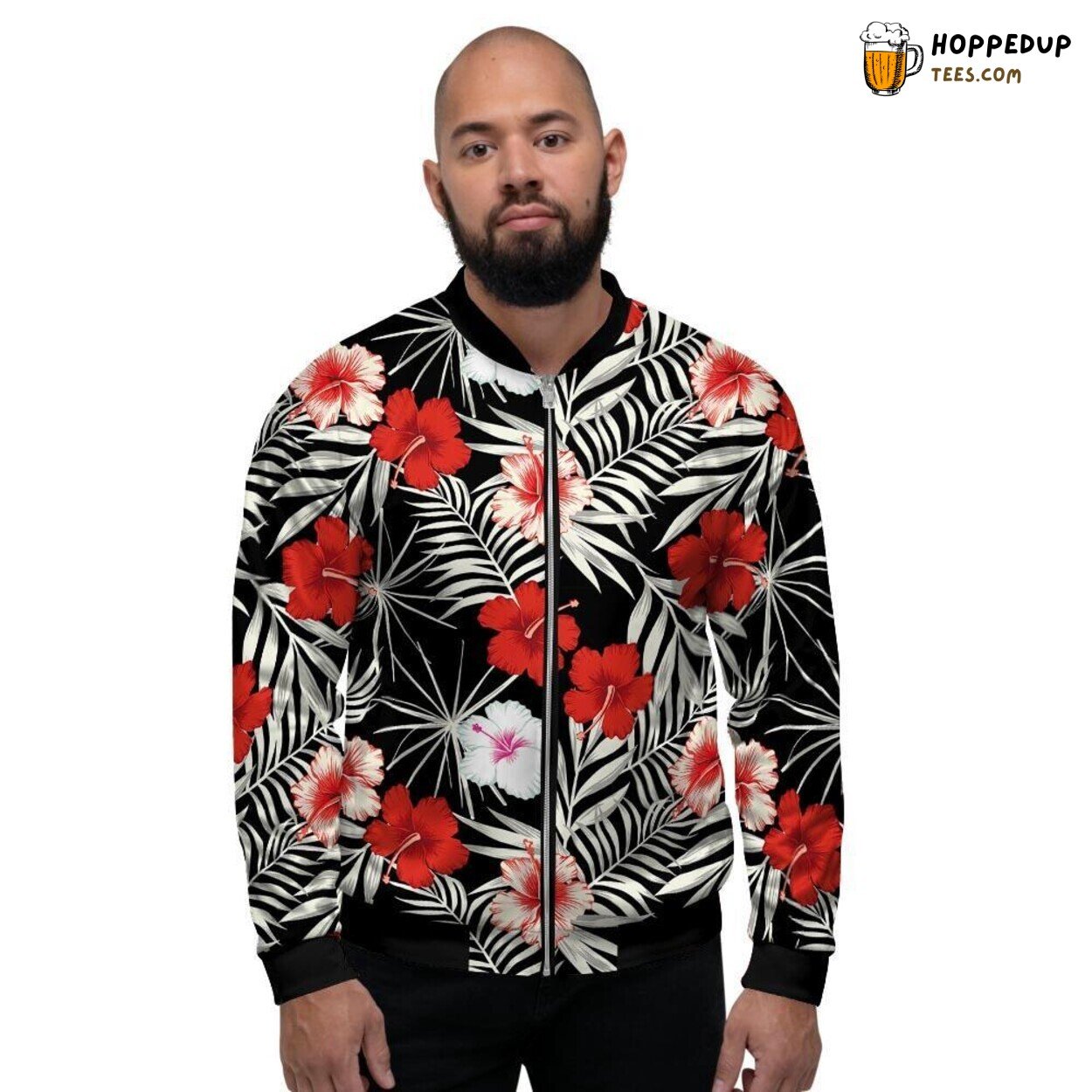 Tropical Red White Hibiscus Flowers Design Men’s Bomber Jacket Hawaiian Print
