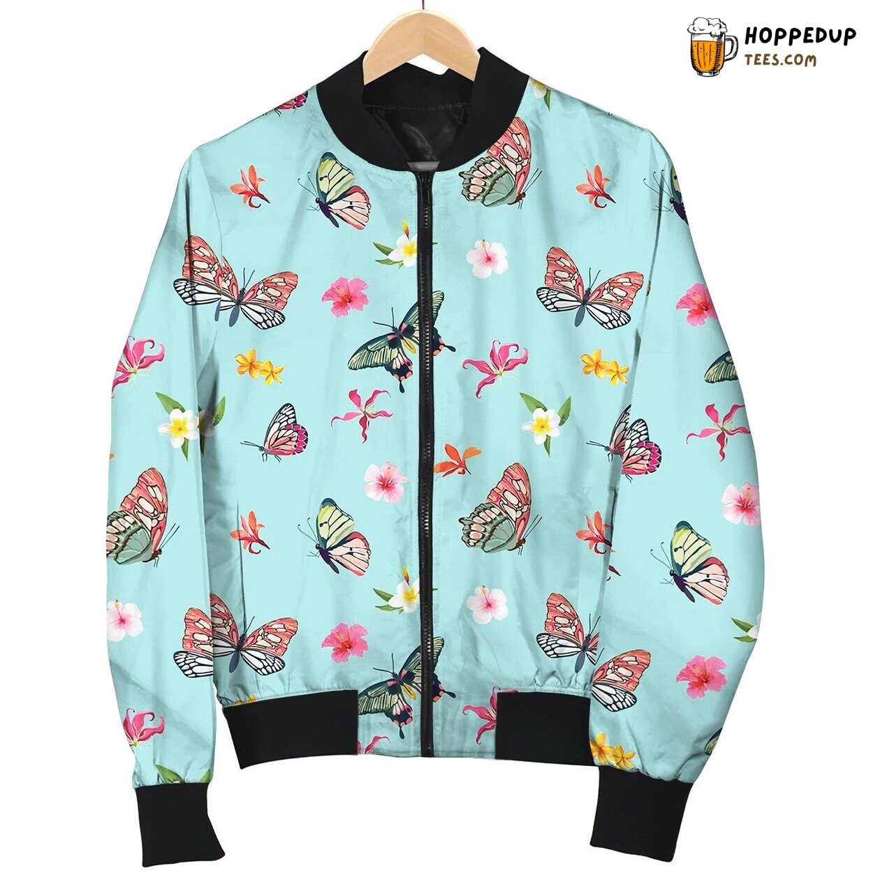 Tropical Seamless Pattern With Flowers Butterflies Bomber Jacket