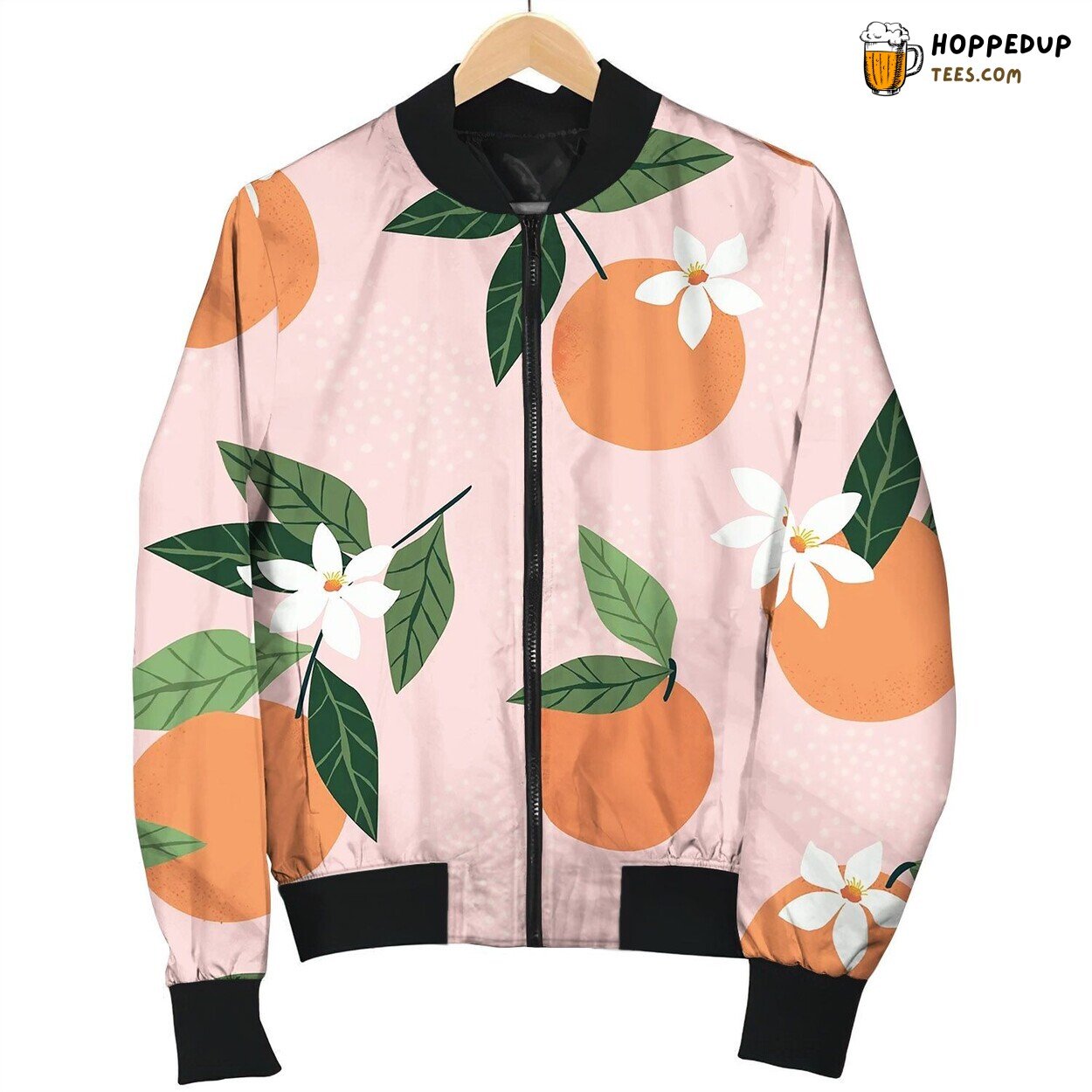Tropical Seamless Pattern With Oranges On A Pink Bomber Jacket