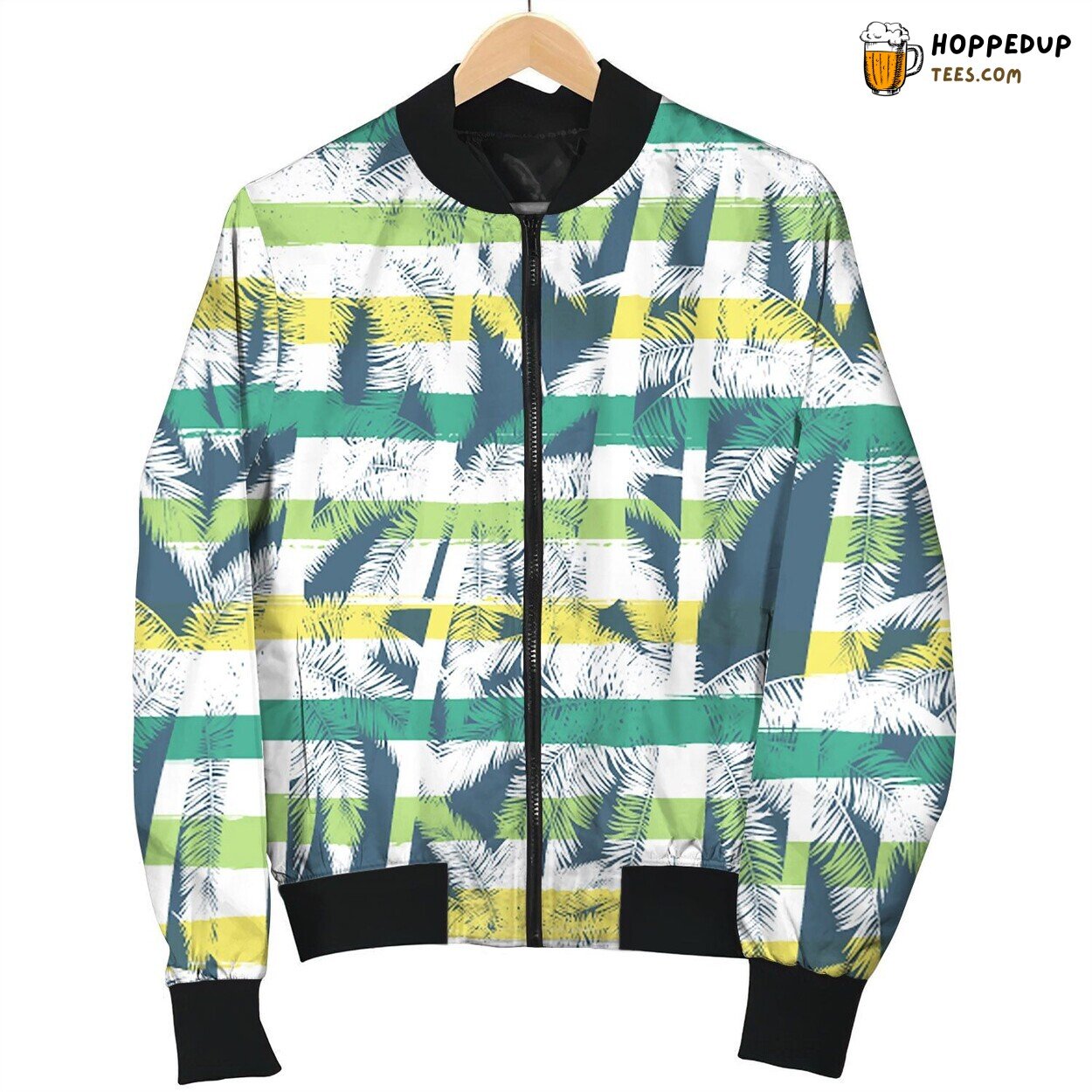 Tropical Summer Print With Palm With Stripes Bomber Jacket