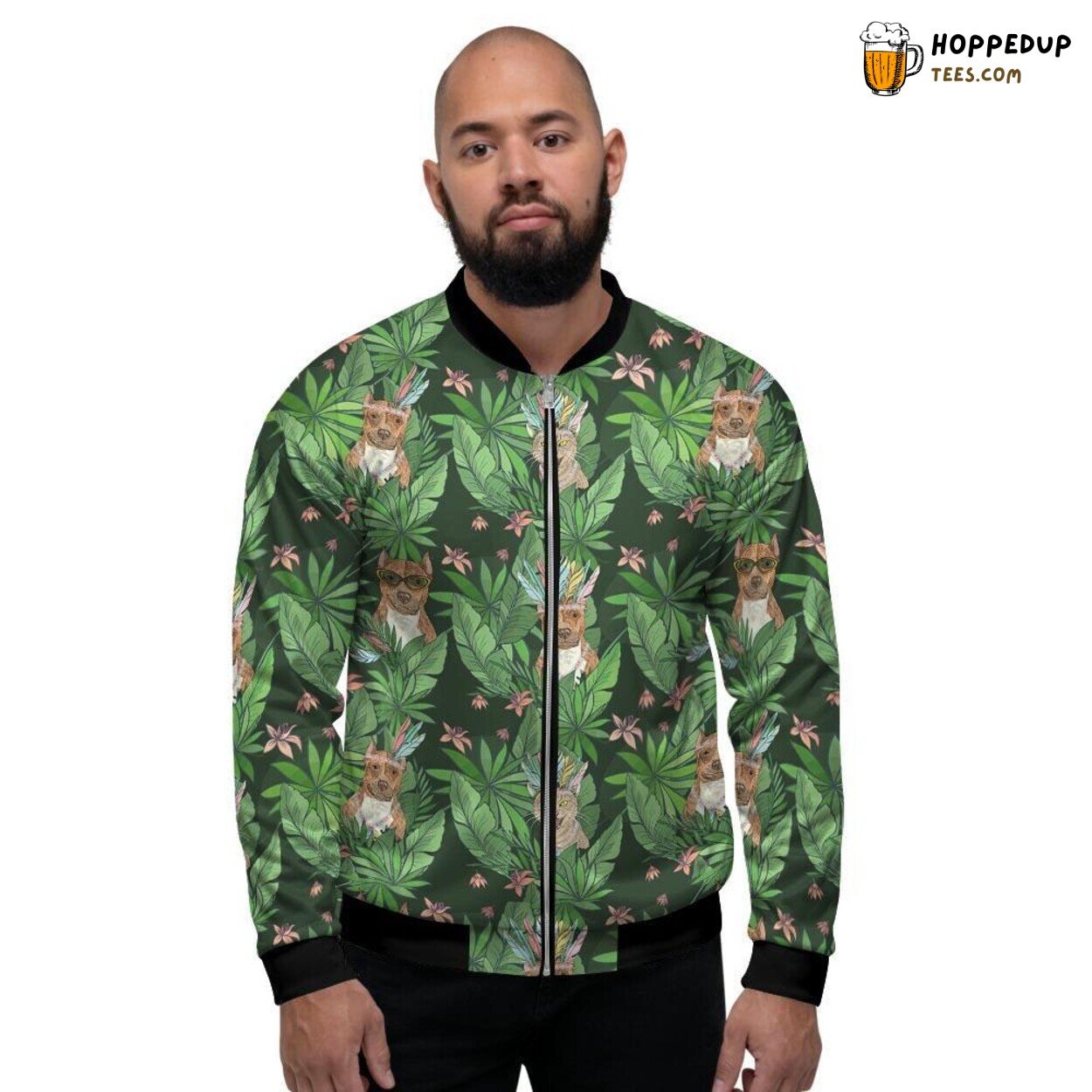 Tropical Vibe Hawaiian Pitbull Design Men’s Bomber Jacket Canine Island Display