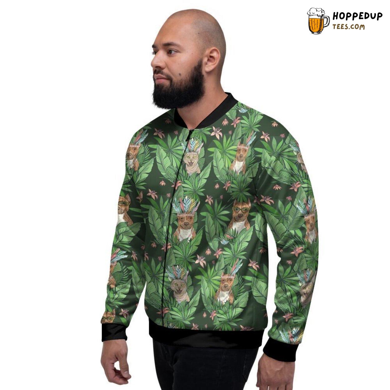 Tropical Vibe Hawaiian Pitbull Design Men’s Bomber Jacket Canine Island Display