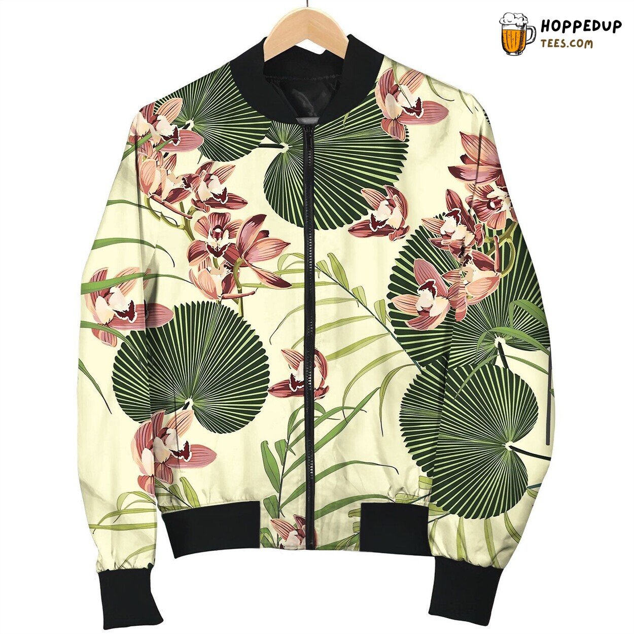 Tropical Vintage Orchid Floral Green Leaves Bomber Jacket