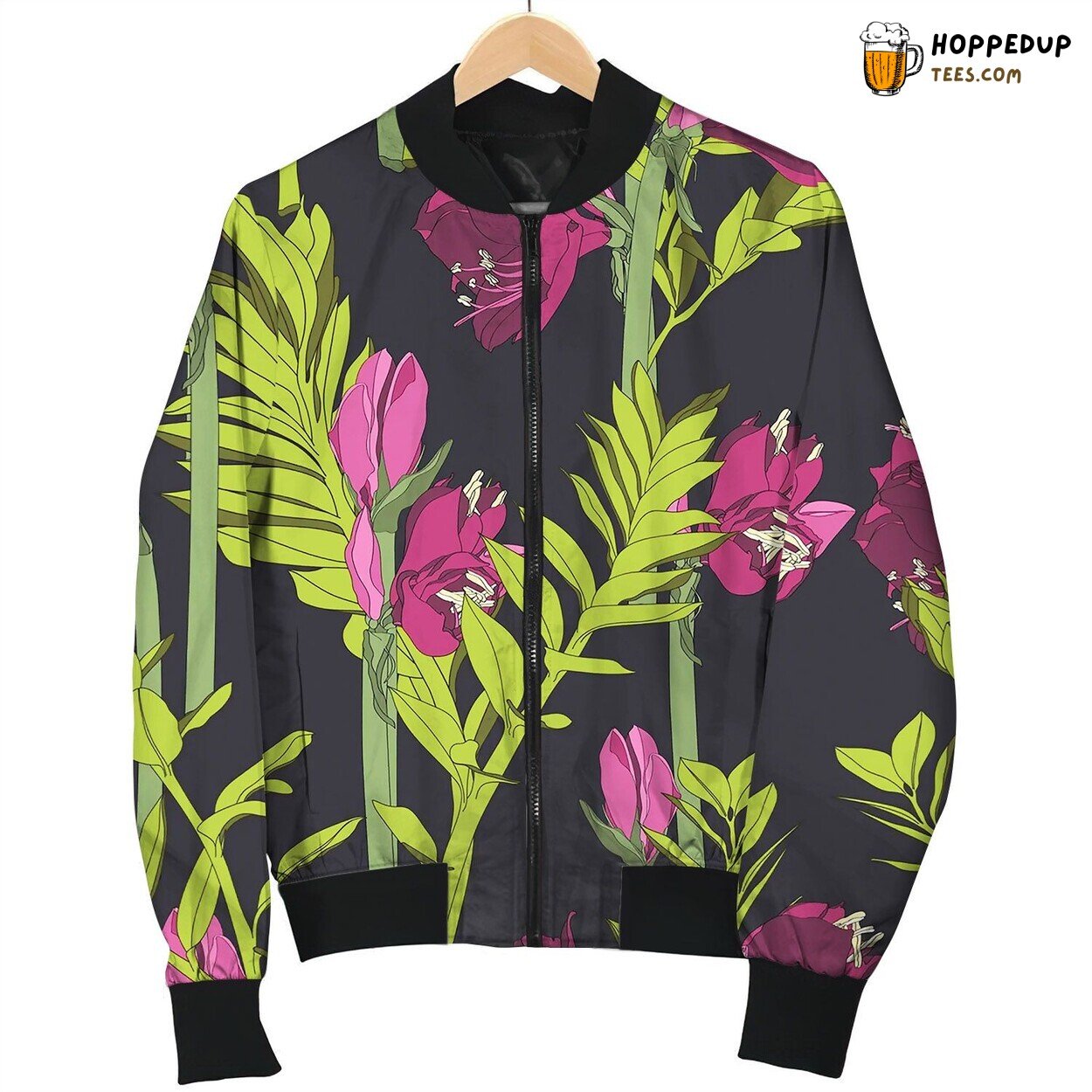 Tropical Violet Lily Flowers With Exotic Green Bomber Jacket