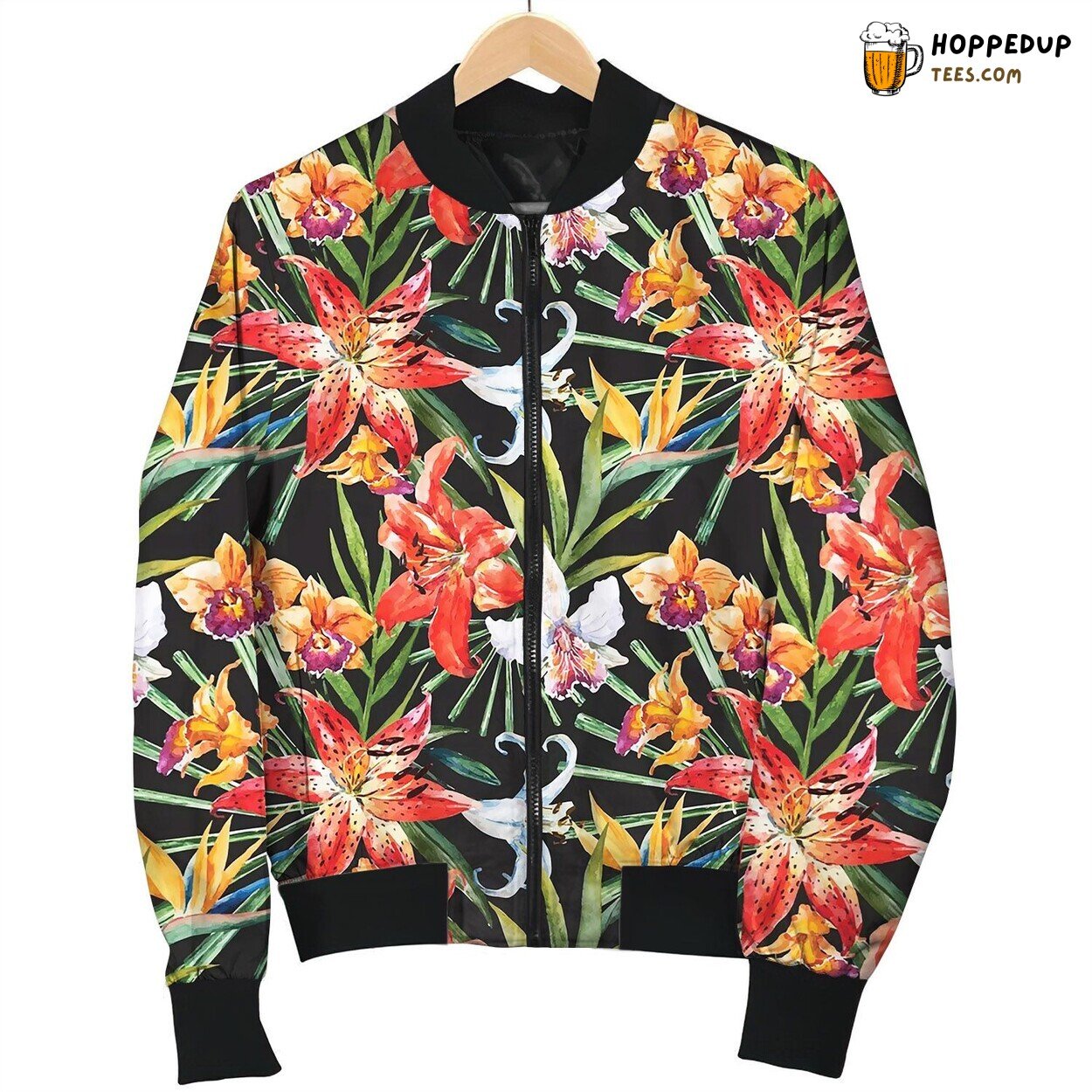 Tropical Watercolor Lilly Pattern Bomber Jacket