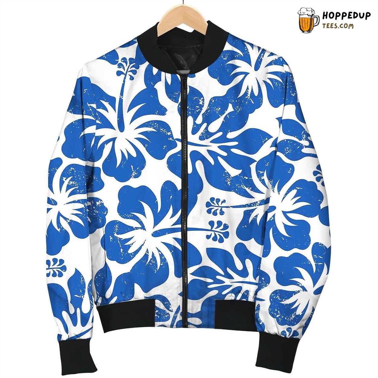Tropical Weathered Blue Hibiscus Seamless Pattern Bomber Jacket
