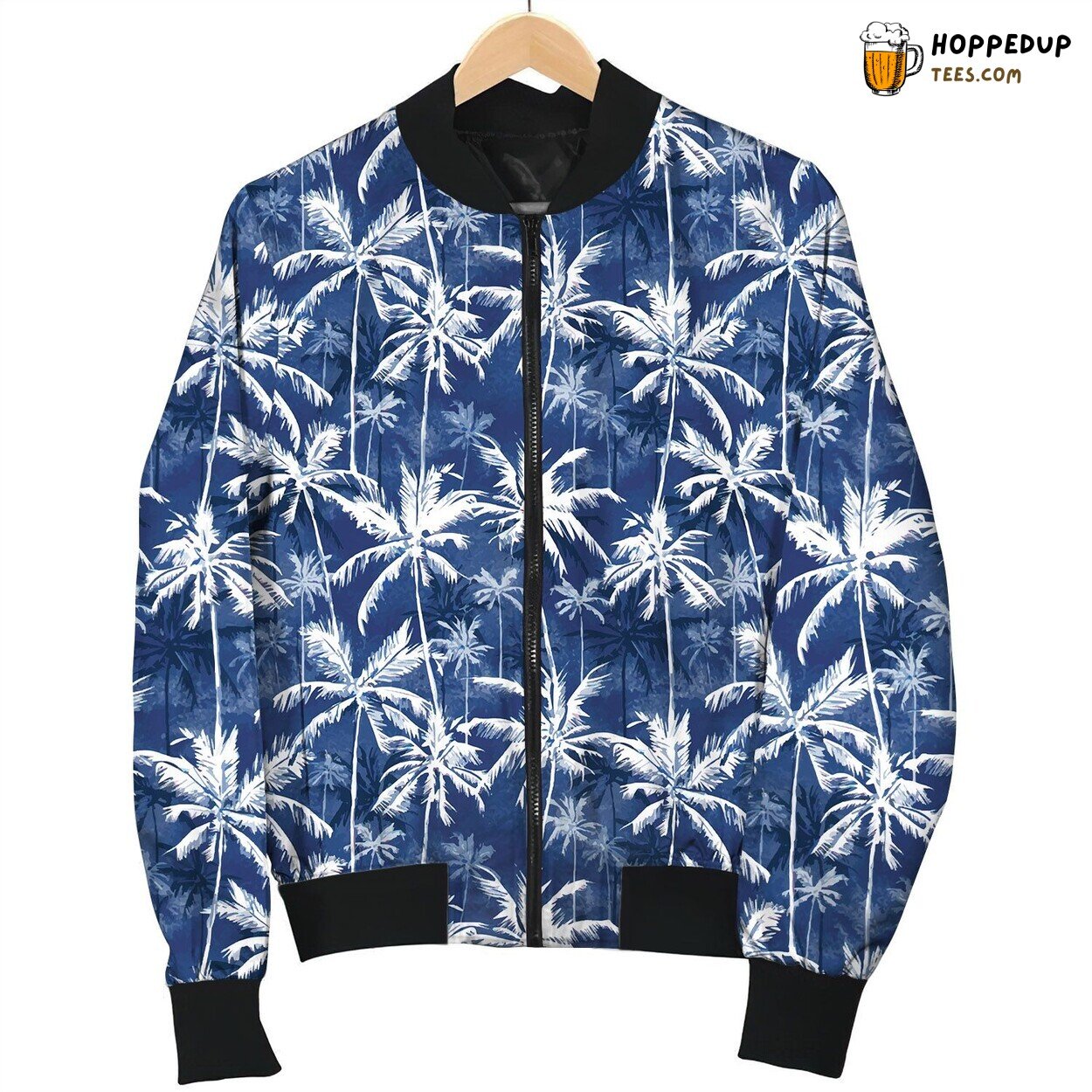 Tropical White Coconut Tree On Navy Bomber Jacket