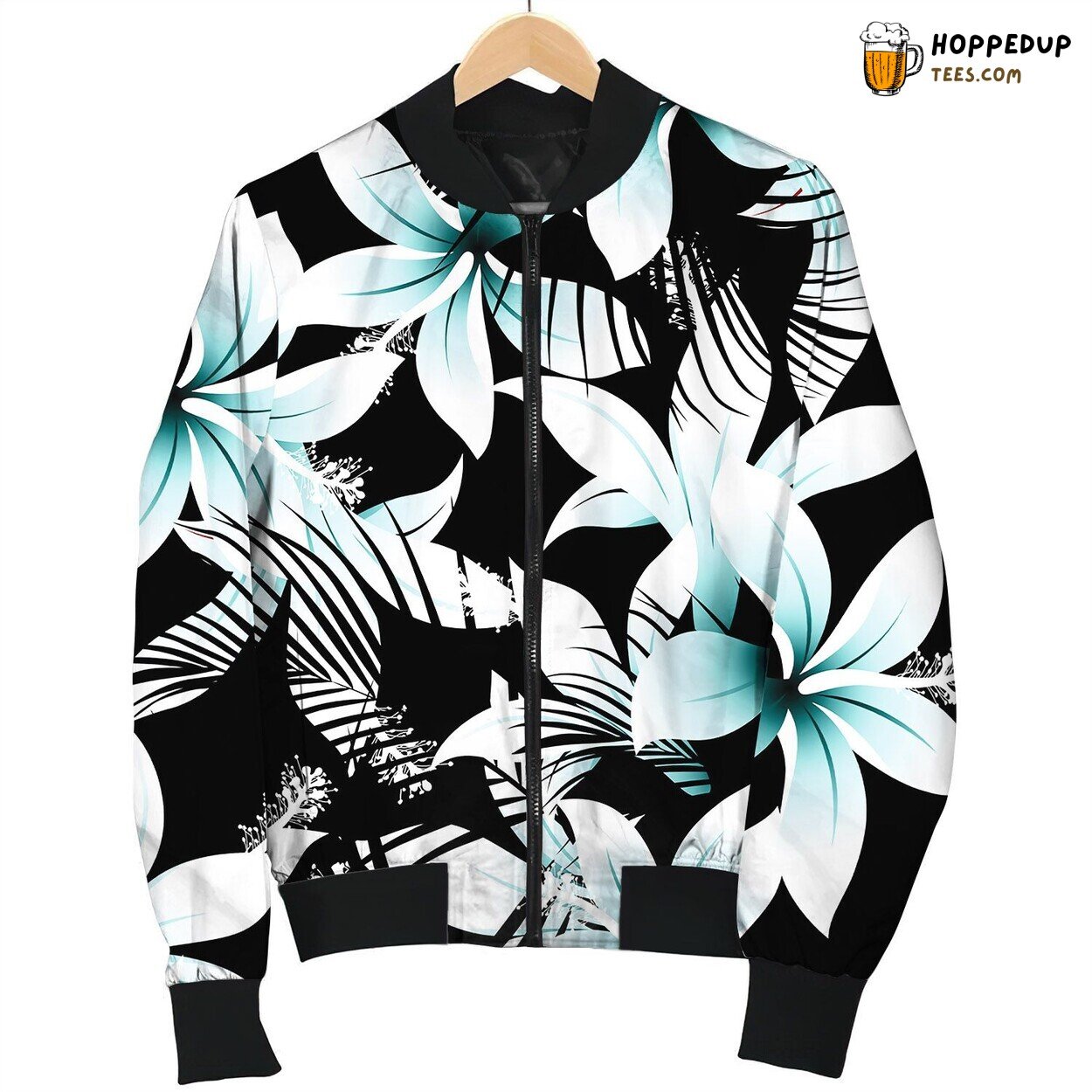 Tropical White Frangipani Hibiscus With Black Bomber Jacket