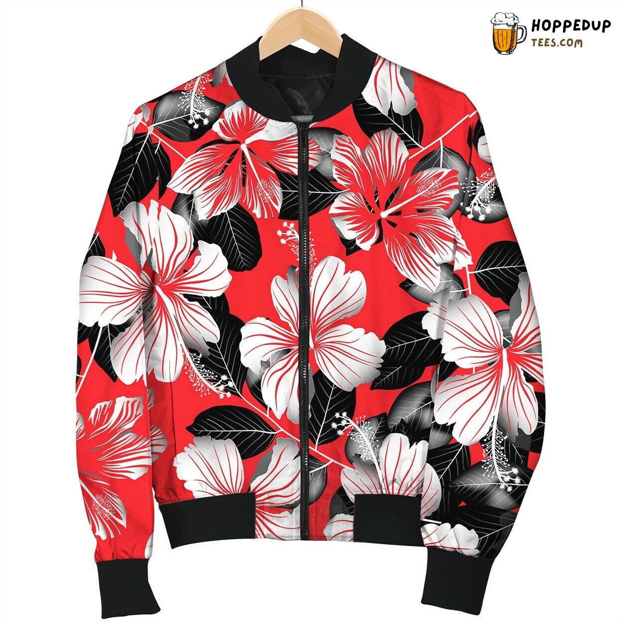 Tropical White Hibiscus Flowers With Black Leaves Bomber Jacket