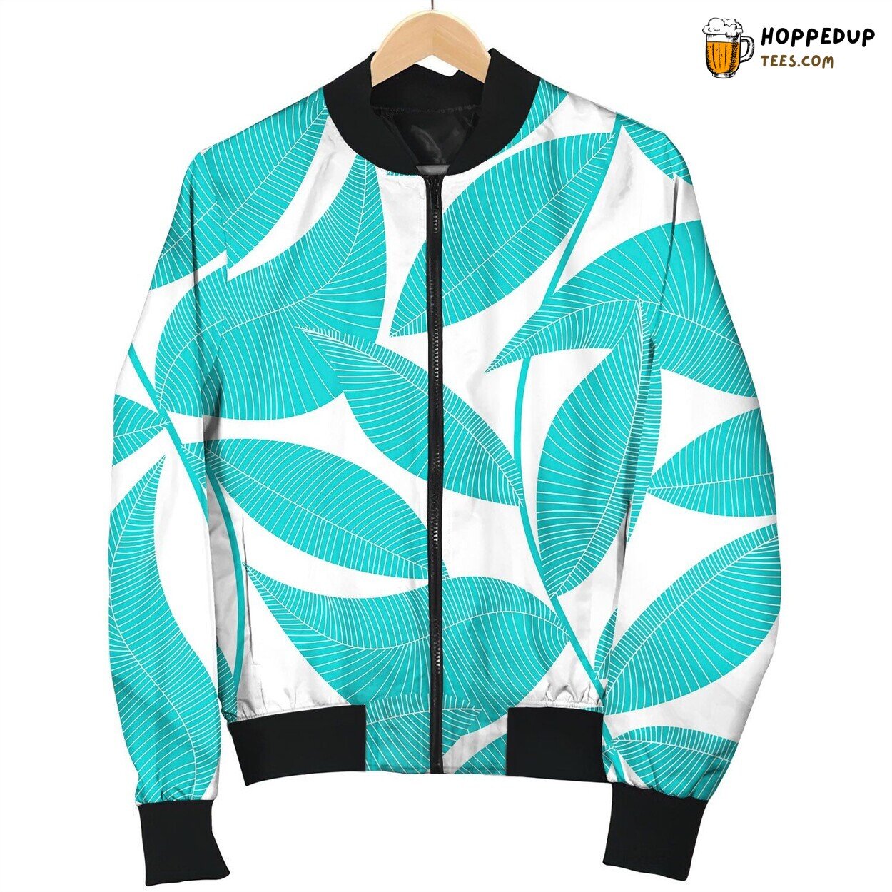 Turquoise And White Tropical Leaf Seamless Pattern Bomber Jacket