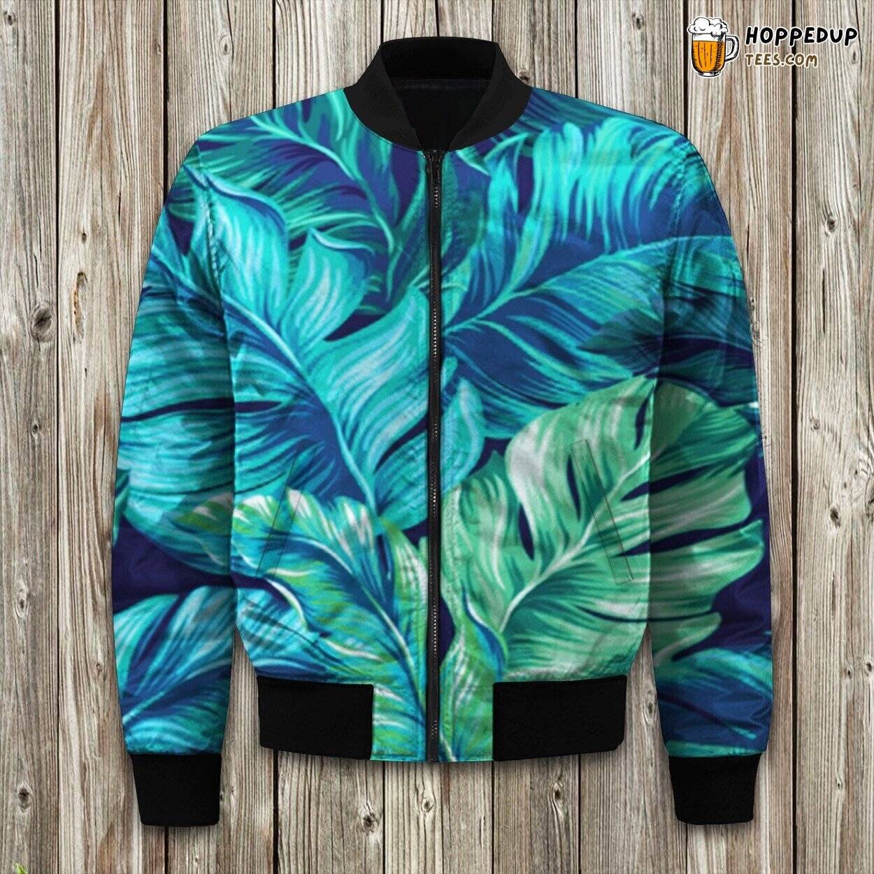 Turquoise Tropical Leaf Bomber Jacket
