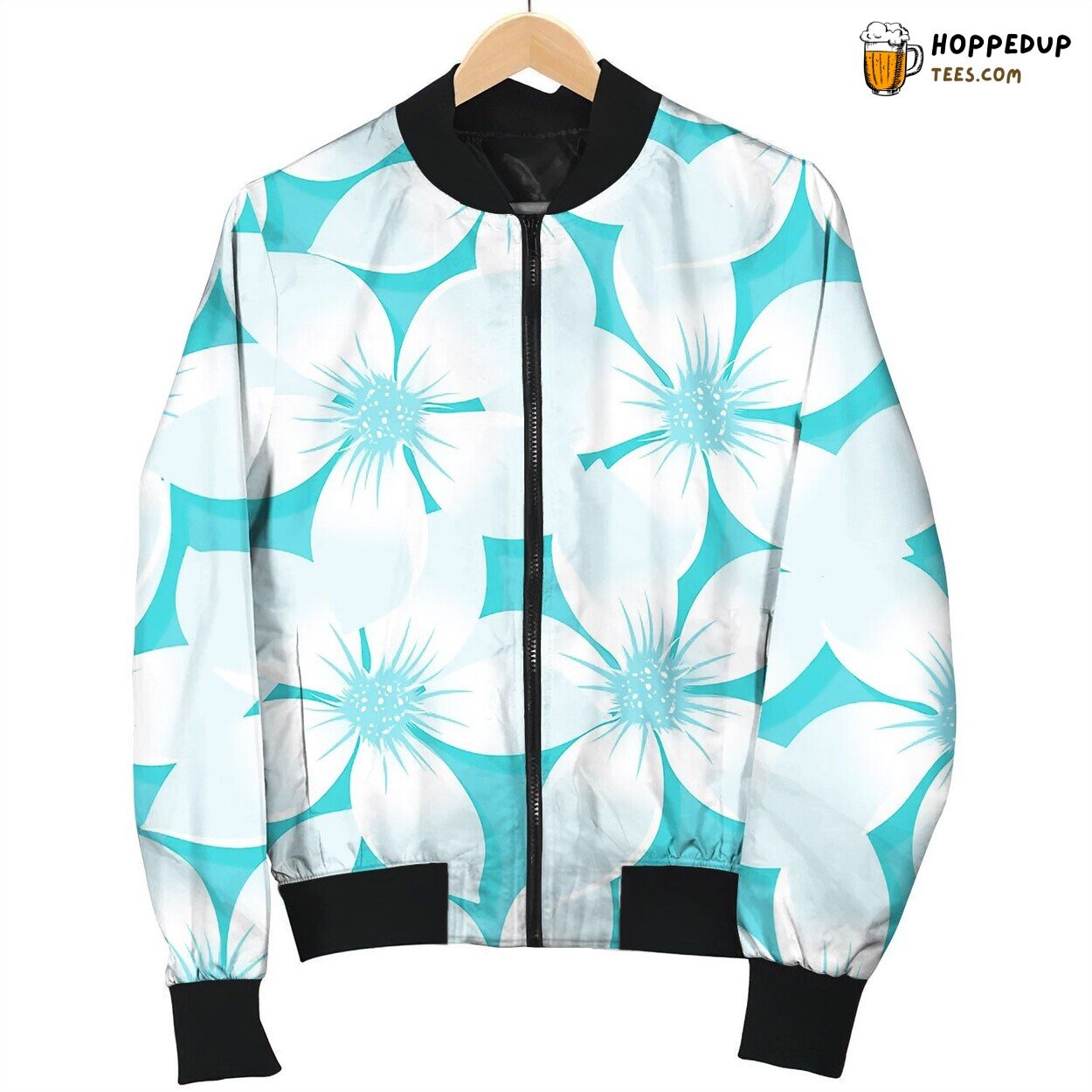 Turquoise Tropical Plumeria And Hibiscus Floral Bomber Jacket