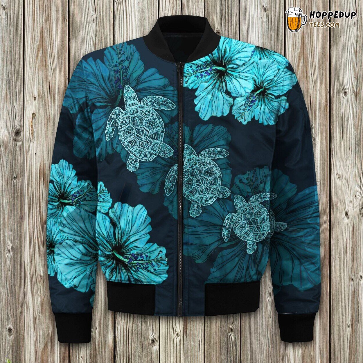 Turtle Amidst Hibiscus Flourish Winter Bomber Jacket Tropical Touch