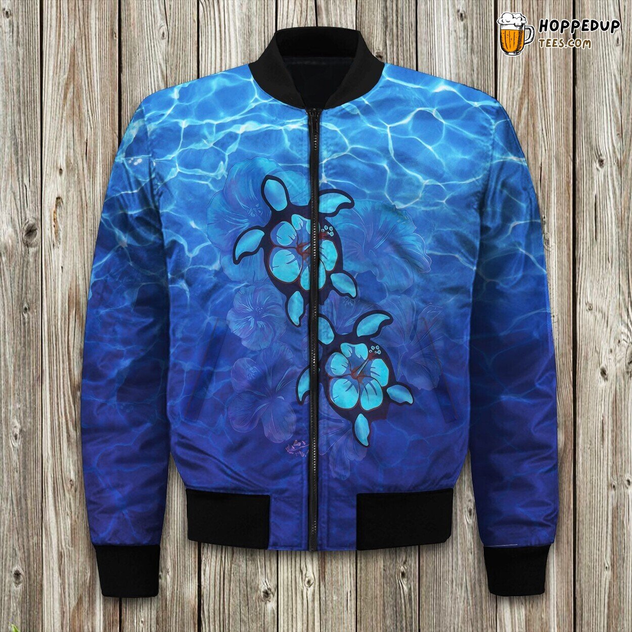 Turtle Amidst Hibiscus Flowers Winter Bomber Jacket Tropical Beauty Meets Winter