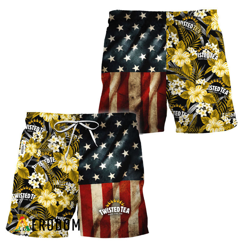 Twisted Tea American Flag Tropical Flower Hawaiian Shorts HU