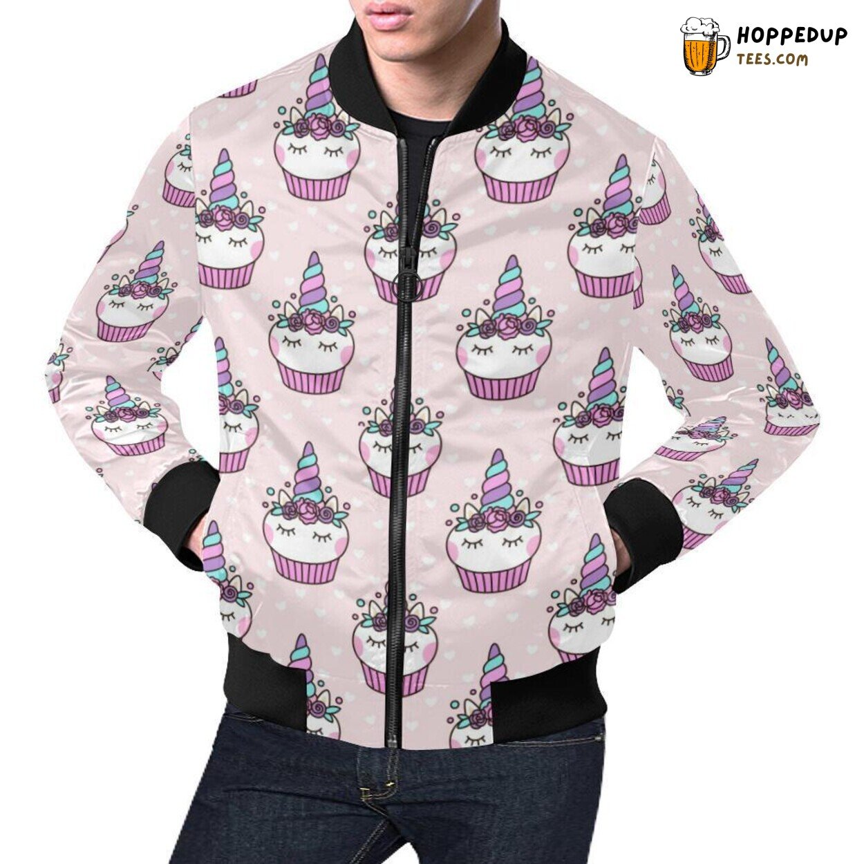 Unicorn Cupcake Pattern Print Men’s Bomber Jacket Distinctive Design Unicorn Cupcake Pattern Print Men’s Bomber Jacket Distinctive Design