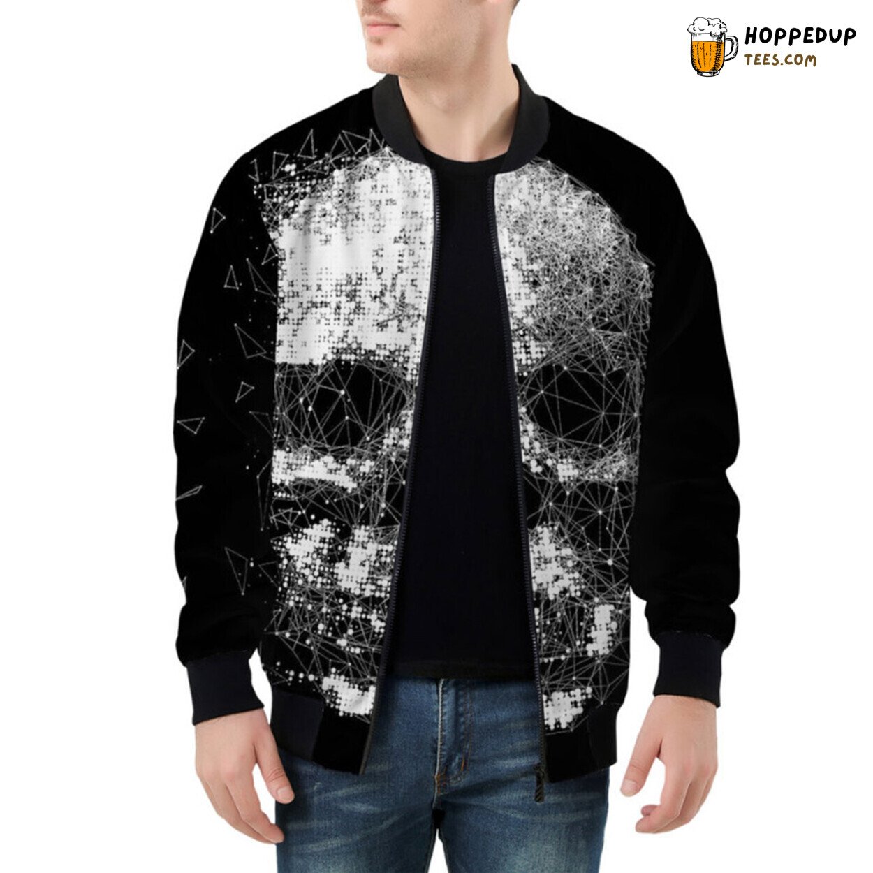 Unique Bomber Jacket with Geometrically Arranged Skull Patterns