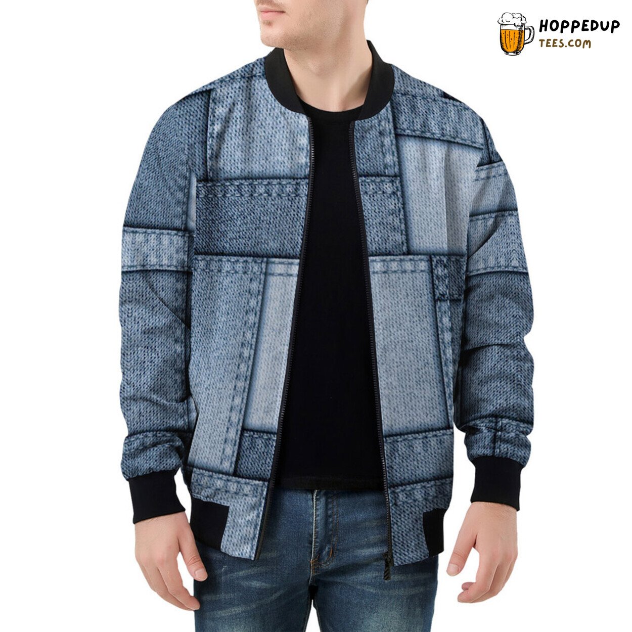 Unique Denim Patchwork Design Men’s Bomber Jacket Perfect for Style