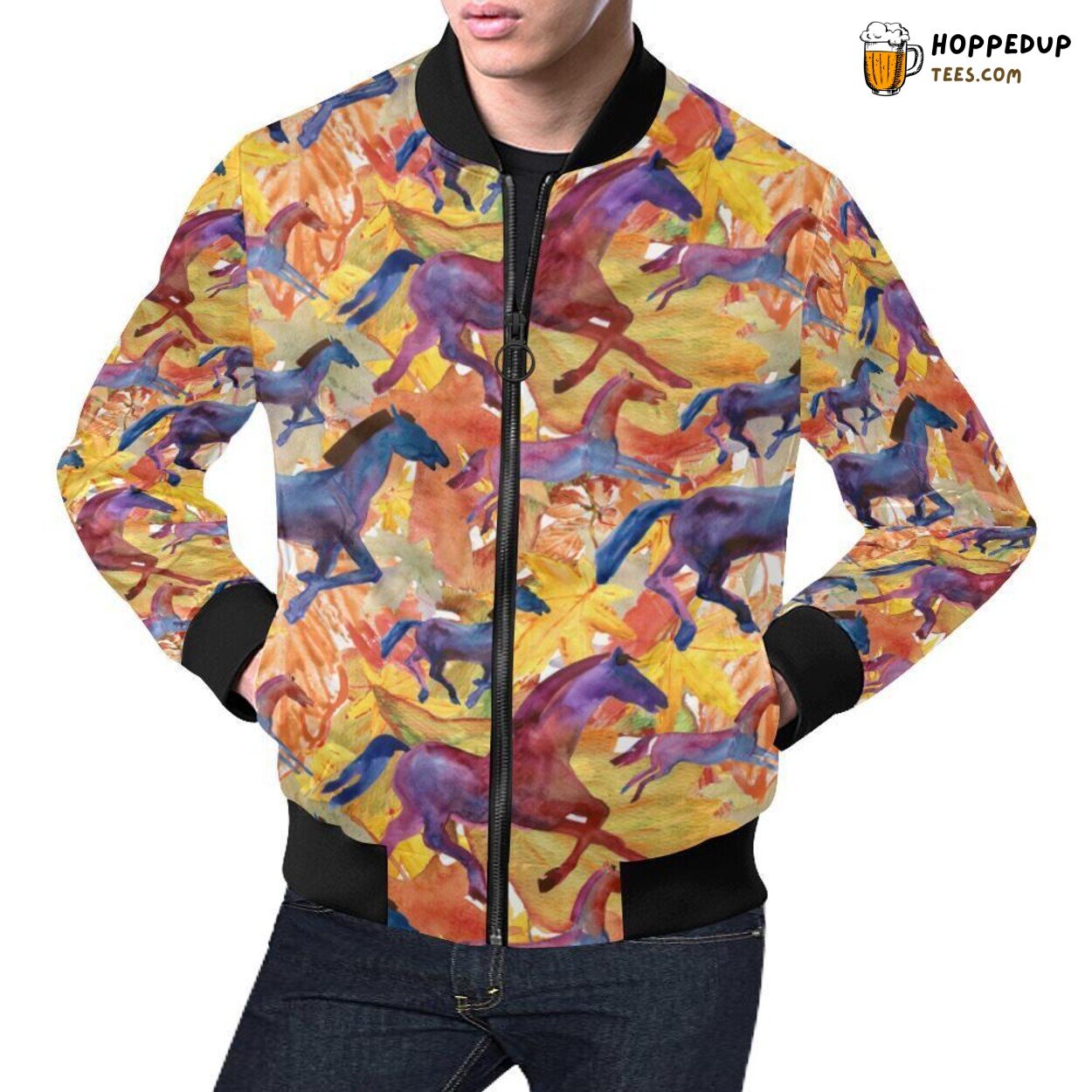 Unique Hand Drawn Horse Pattern Print Men’s Bomber Jacket Design