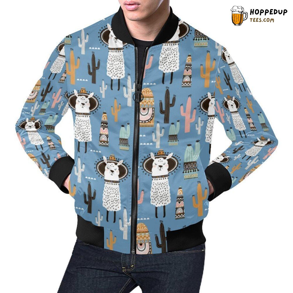 Unique Llama Cactus Pattern Print Design Men’s Bomber Jacket