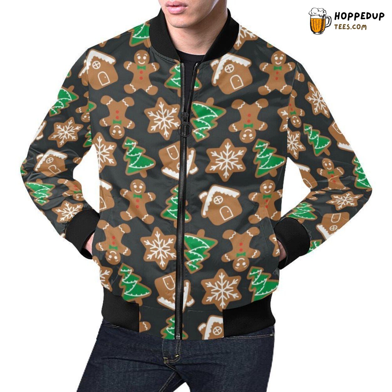 Unique Men’s Bomber Jacket with Christmas Gingerbread Man Pattern Print Unique Men’s Bomber Jacket with Christmas Gingerbread Man Pattern Print