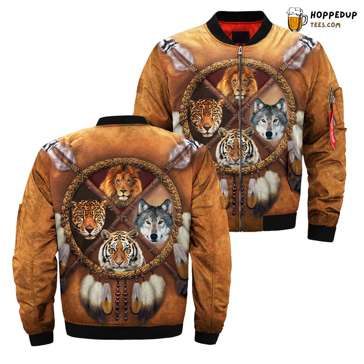 Unique Native Dreamcatcher Wildlife Bomber Jacket with Lion Tiger and Wolf
