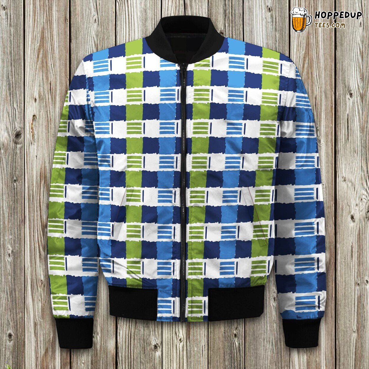Unusual Sapphire Blue White And Lime Green Abstract Plaid Bomber Jacket