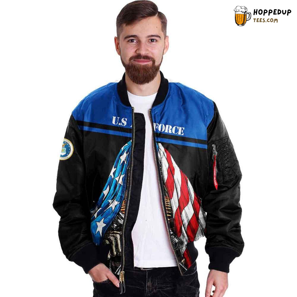 US Air Force Veterans Skull Flag Bomber Jacket Symbolizing Air Superiority