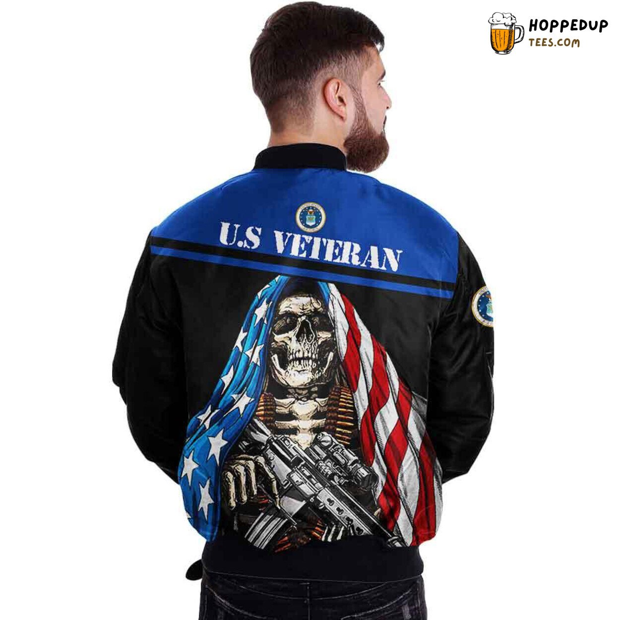 US Air Force Veterans Skull Flag Bomber Jacket Symbolizing Air Superiority