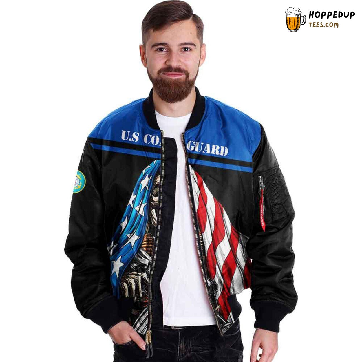 US Coast Guard 3D Skull Flag Bomber Jacket Veterans Soldier