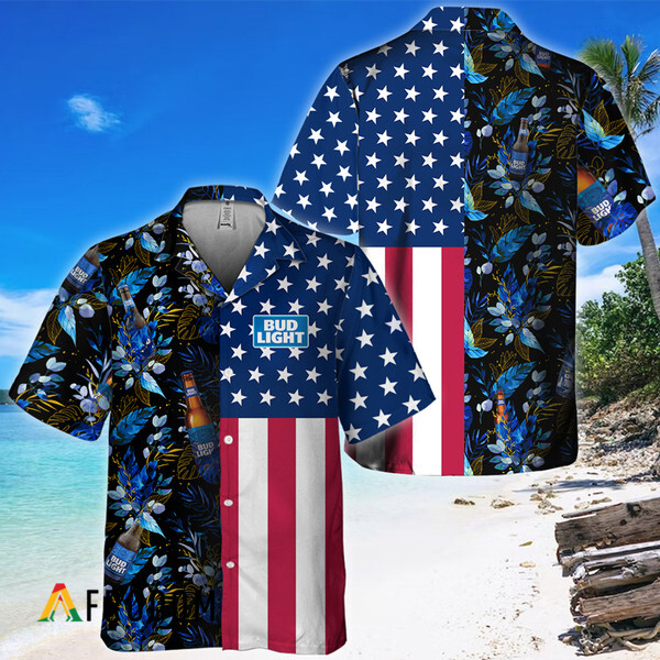 Us Flag Bud Light Tropical Flowers Hawaiian Shirt HU