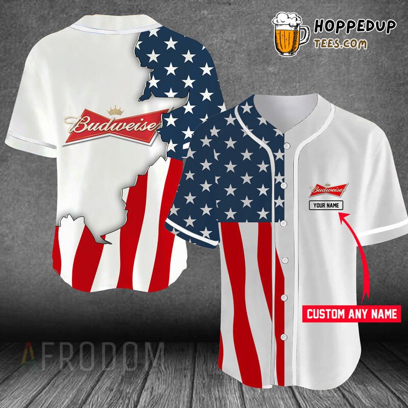 US Flag Budweiser Tribute Personalized Unique Baseball Jersey Look